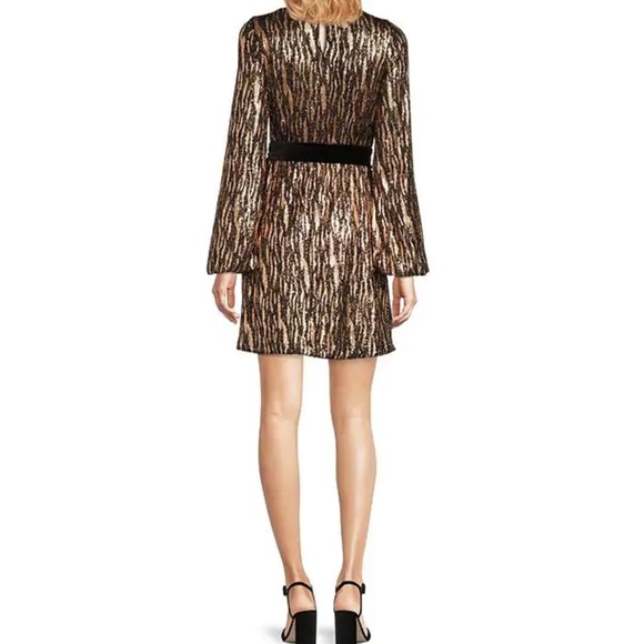 Betsy & Adam Sequin Trapeze Long Sleeve Velvet Self-Tie Belt A-Line Dress - Picture 3 of 12